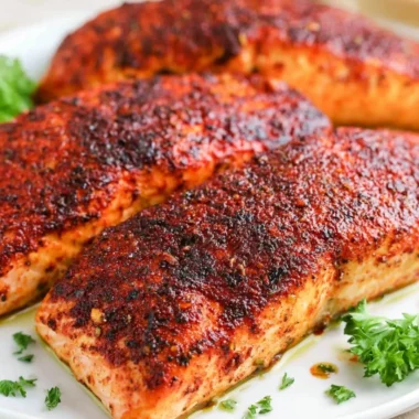 Flaky air fryer salmon served with lemon and herbs