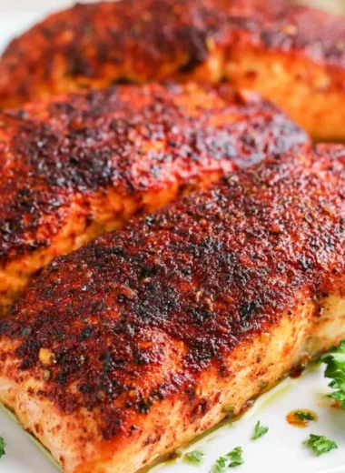 Flaky air fryer salmon served with lemon and herbs