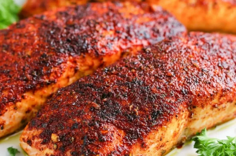 Flaky air fryer salmon served with lemon and herbs