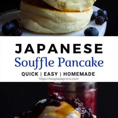 Fluffy Japanese soufflé pancakes served with syrup and berries