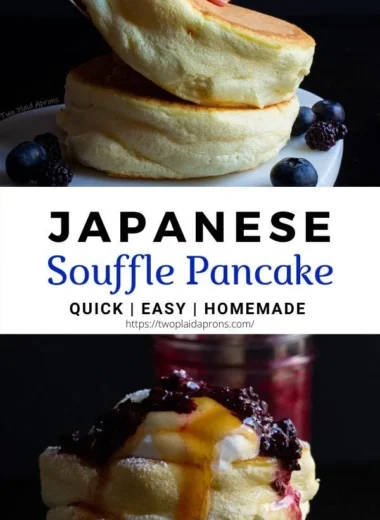 Fluffy Japanese soufflé pancakes served with syrup and berries