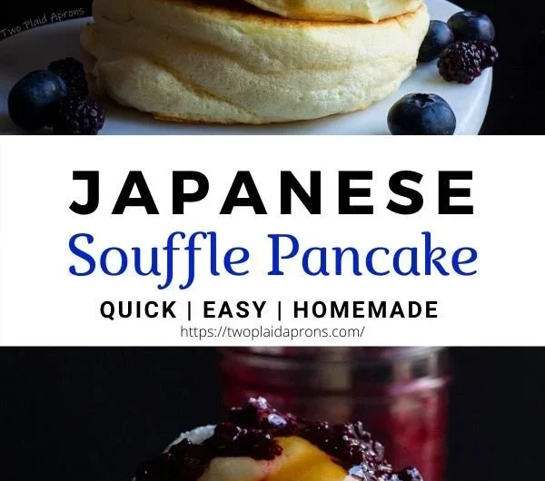 Fluffy Japanese soufflé pancakes served with syrup and berries
