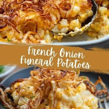 Delicious French Onion Funeral Potatoes served in a baking dish.