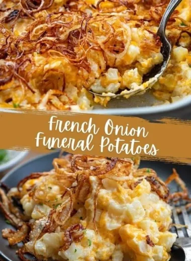 Delicious French Onion Funeral Potatoes served in a baking dish.
