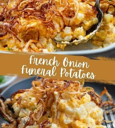 Delicious French Onion Funeral Potatoes served in a baking dish.
