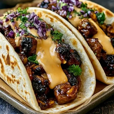 Delicious Garlic Butter Honey BBQ Beef Tacos served on a plate.