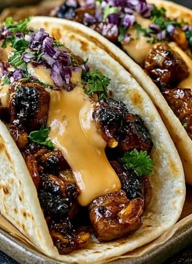 Delicious Garlic Butter Honey BBQ Beef Tacos served on a plate.