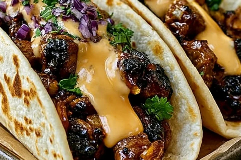 Delicious Garlic Butter Honey BBQ Beef Tacos served on a plate.