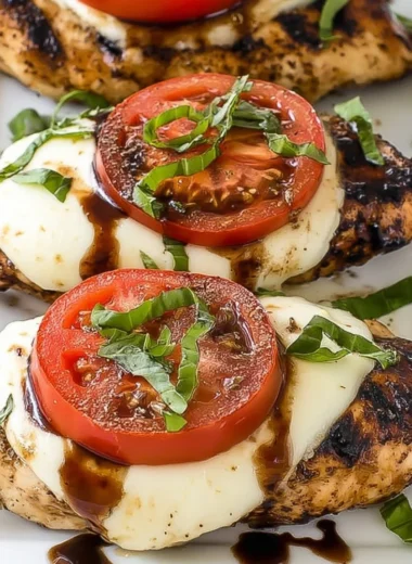 Delicious grilled chicken caprese with tomatoes, mozzarella, and basil