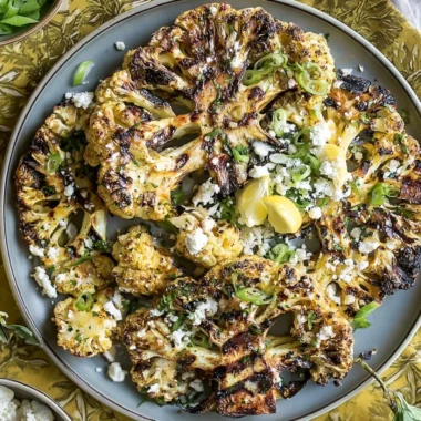 Grilled garlic cauliflower steaks plated with herbs and spices