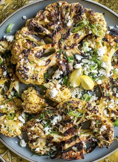 Grilled garlic cauliflower steaks plated with herbs and spices