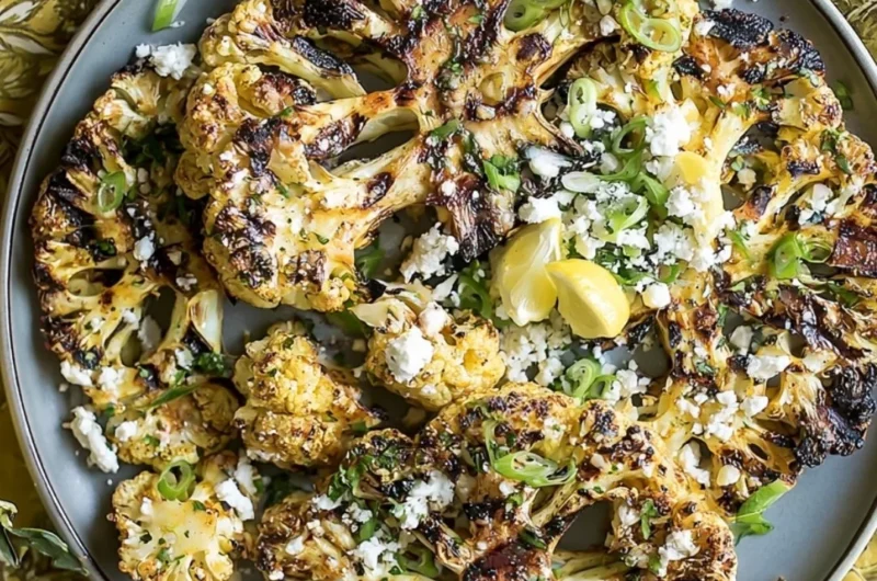 Grilled garlic cauliflower steaks plated with herbs and spices