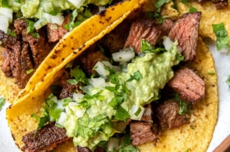 Grilled steak tacos topped with avocado salsa on a plate