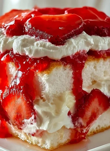 Heaven on Earth Cake with layers of cream and fruit on a decorative plate.