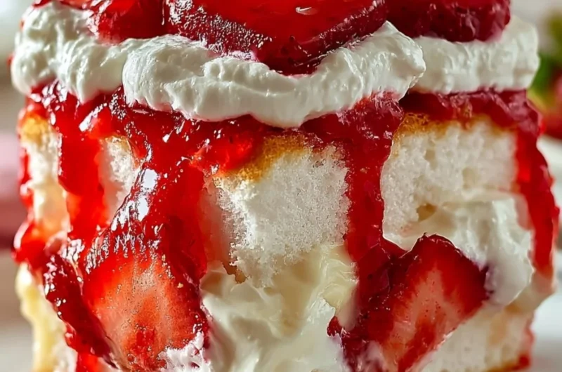 Heaven on Earth Cake with layers of cream and fruit on a decorative plate.