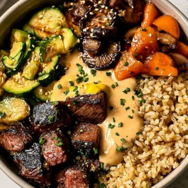 Delicious hibachi steak bowl with grilled vegetables and rice