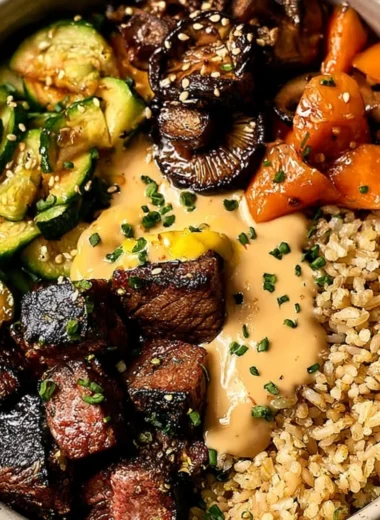 Delicious hibachi steak bowl with grilled vegetables and rice