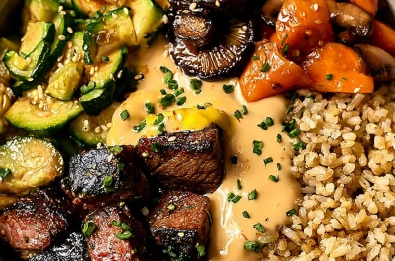 Delicious hibachi steak bowl with grilled vegetables and rice
