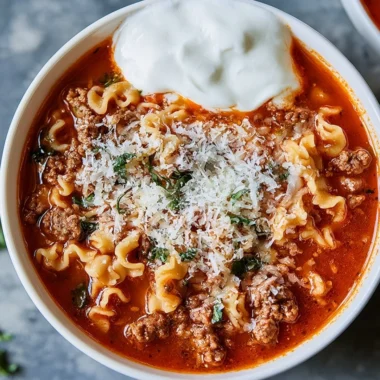 High protein lasagna soup in a bowl with cheese and herbs