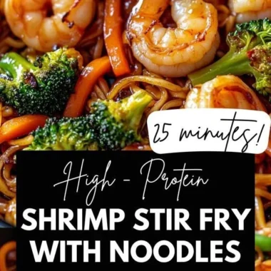 High-protein shrimp stir fry in a colorful vegetable medley, served in a bowl.