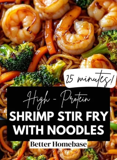 High-protein shrimp stir fry in a colorful vegetable medley, served in a bowl.