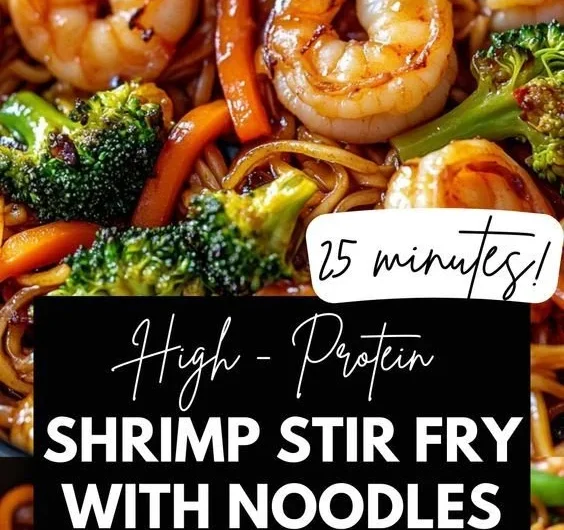 High-protein shrimp stir fry in a colorful vegetable medley, served in a bowl.