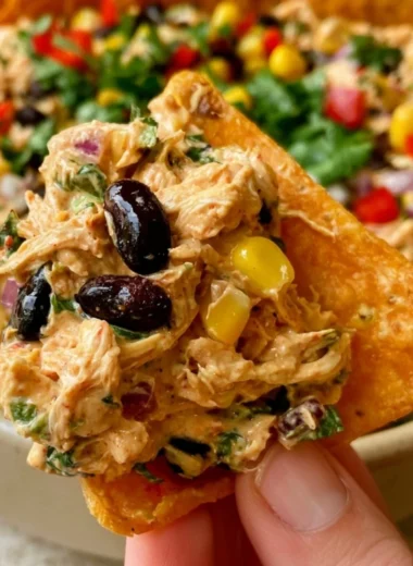 Plate of high-protein Southwest Chicken Salad with colorful ingredients