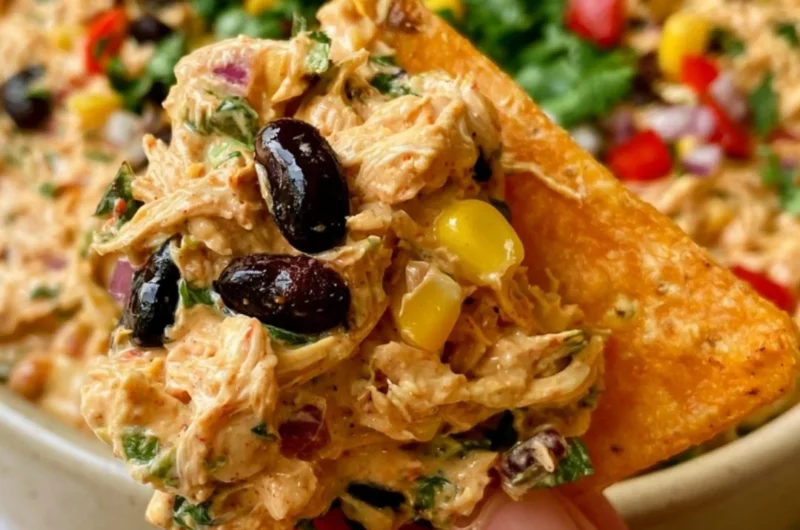 Plate of high-protein Southwest Chicken Salad with colorful ingredients