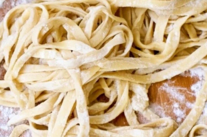 Plate of homemade egg noodles topped with sauce and herbs