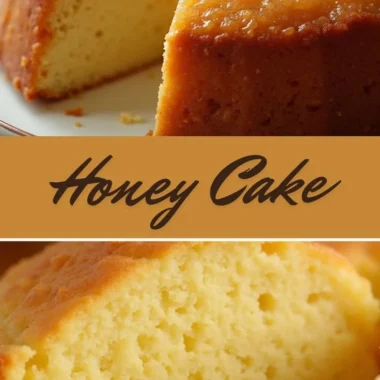 Delicious homemade Honey Cake with a rich golden color and drizzled honey on top.