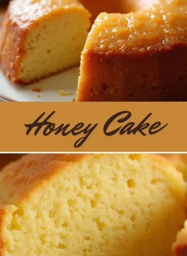 Delicious homemade Honey Cake with a rich golden color and drizzled honey on top.
