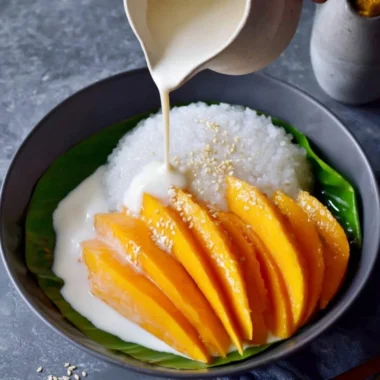 Delicious plate of Mango Sticky Rice topped with ripe mango slices and coconut sauce
