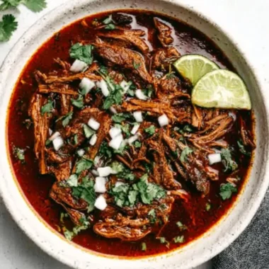 Delicious Mexican Beef Birria served in a bowl with fresh toppings.