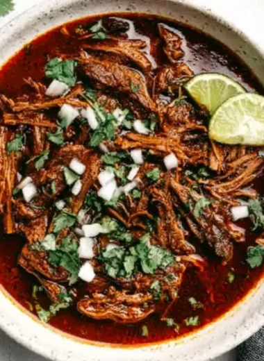 Delicious Mexican Beef Birria served in a bowl with fresh toppings.