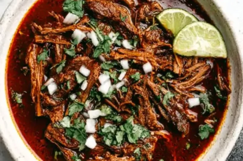Delicious Mexican Beef Birria served in a bowl with fresh toppings.