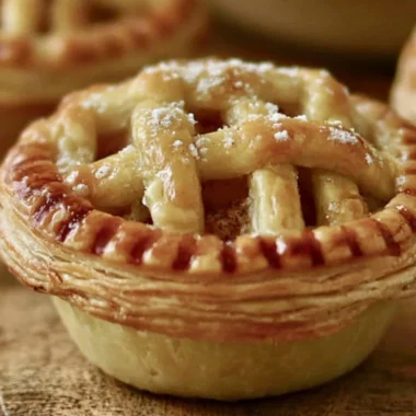 Delicious mini apple pies on a wooden table, ready for serving.