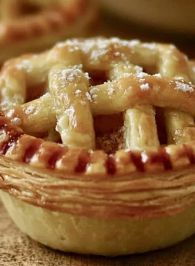 Delicious mini apple pies on a wooden table, ready for serving.