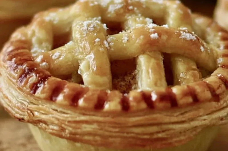 Delicious mini apple pies on a wooden table, ready for serving.