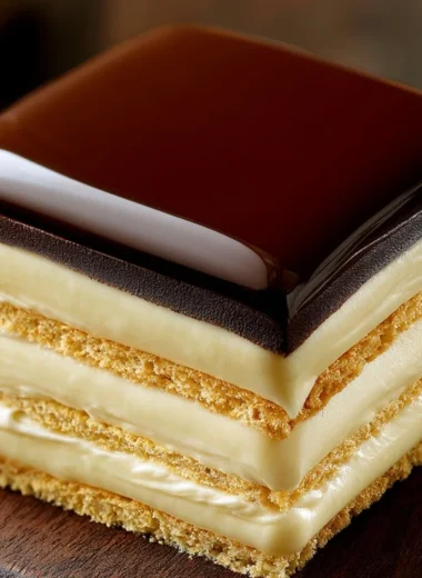 No-bake chocolate eclair cake dessert topped with creamy chocolate frosting
