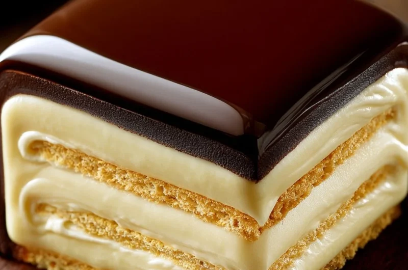 No-bake chocolate eclair cake dessert topped with creamy chocolate frosting
