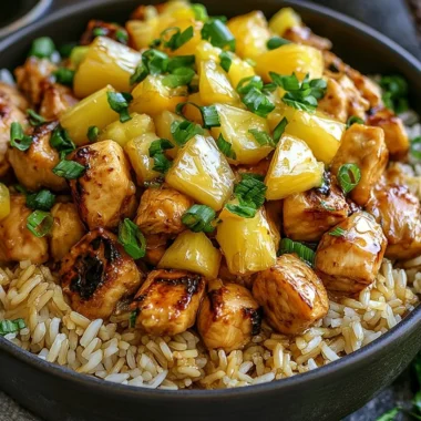 Pineapple Chicken and Rice dish served on a plate with vibrant colors and garnishes.
