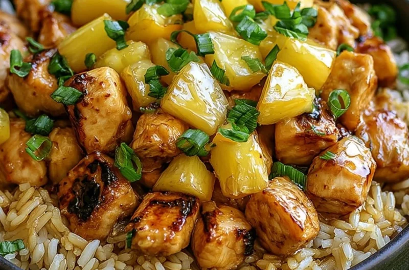 Pineapple Chicken and Rice dish served on a plate with vibrant colors and garnishes.