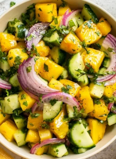 Fresh Pineapple Cucumber Salad in a bowl with vibrant colors