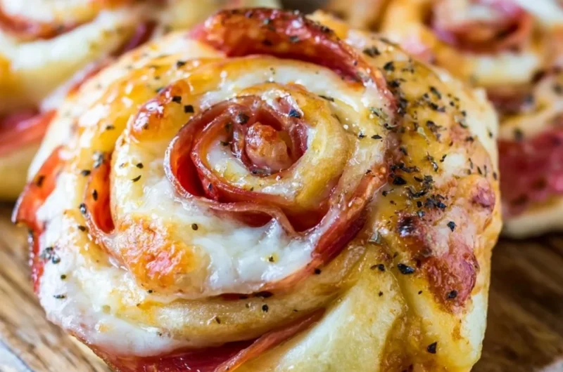 A plate of golden, crispy pizza rolls filled with cheese and pepperoni.