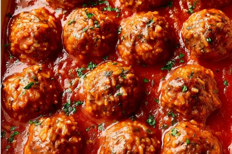 Delicious Porcupine Meatballs served with sauce and herbs on a plate