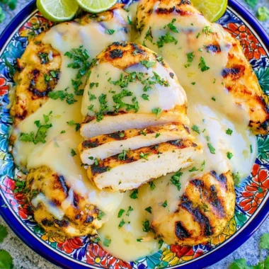 Salsa Verde Chicken topped with Pepper Jack Cheese on a plate