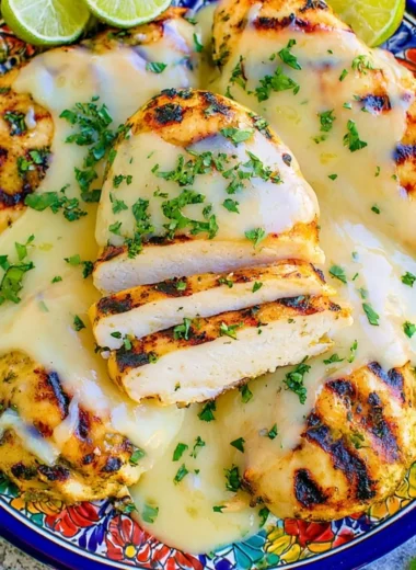 Salsa Verde Chicken topped with Pepper Jack Cheese on a plate