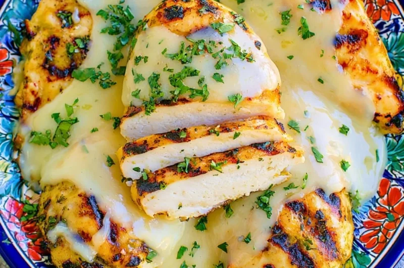 Salsa Verde Chicken topped with Pepper Jack Cheese on a plate