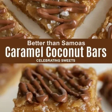 Delicious homemade Samoas Bars with chocolate, coconut, and caramel topping