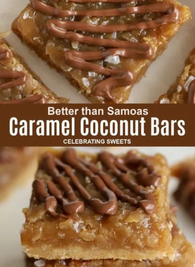 Delicious homemade Samoas Bars with chocolate, coconut, and caramel topping